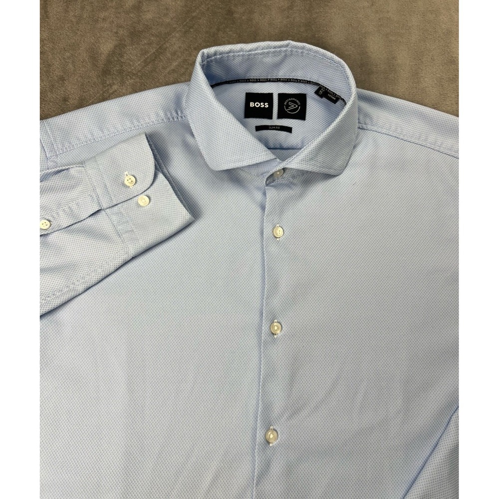 Hugo Boss Dress Shirt Mens XL Blue‎ Slim Fit Button Up 17 45 Performance